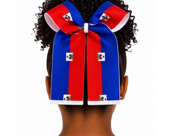 Haiti Flag Hair Bows | Soccer Fan Statement Bows | Cultural Cheer Style Bows | Cultural Hair Accessory | Haitian Independence Day