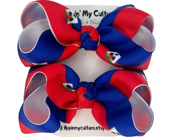 Haiti Flag Bow Set | Haitian Heritage Hair Bows | Cultural Hair Accessories