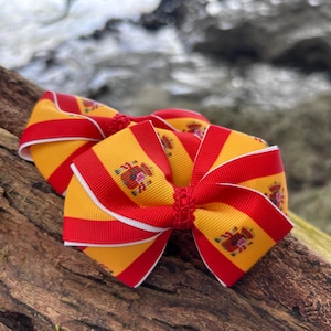 Spain Flag Hair Bow Set | Spain Flag Clips & Hair Ties | Heritage Hair Accessory | Cultural Hair Bows | Hispanic Heritage Bows | Handmade