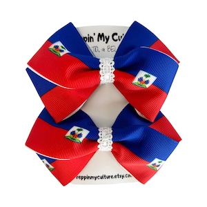 Haiti Flag Hair Bows (Set of 2): Haitian Pride, 3.5&quot; Handmade Bows