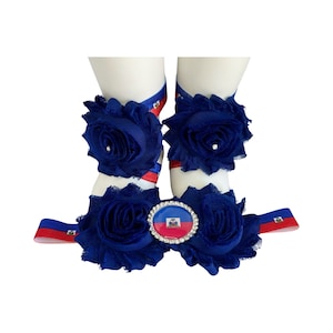 Haiti Flag Baby Headband and Barefoot Sandals: Royal Blue Shabby Flowers