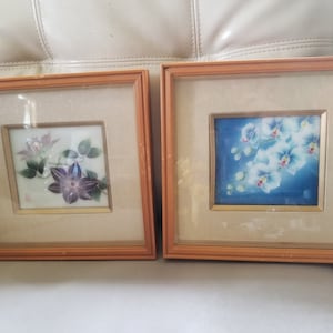 2 Vintage 80s Framed Japanese Floral Tiles Signed