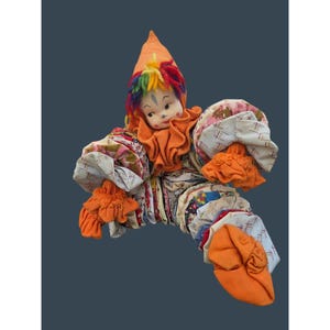 Vintage Hand-Made Yo Yo Clown Doll Colorful Patchwork & Orange Accents