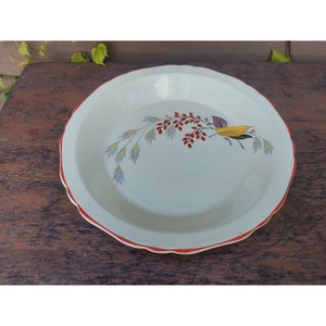Vintage !930s Crown Ovenware 9&quot; Pie Plate Leaves & Berries Red Trim