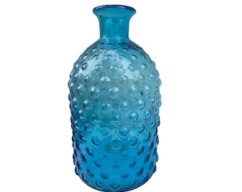 Vintage 12" Tall Blue Bubble Glass Vase - Textured Decorative Mid-Century Modern Art Piece