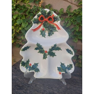 Lefton Christmas Tree Holly & Ribbon Divided Dish 1972-73