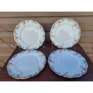 May include: Set of four white ceramic dinner plates with a floral pattern in shades of pink, blue, and green. The plates have a scalloped edge and a gold trim.