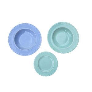 Vernon Kilns Native California 2 Rimmed Soup Bowls & Bread Plate Blue Green READ