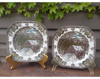 2 Johnson Bros Friendly Village 7 1/2" Salad Plates Covered Bridge