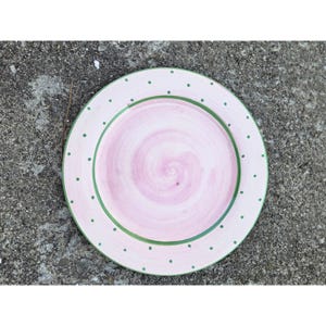 Suzanne Katkhuda Mad Hatter Pink & Green Swirl Polka Dot 10 3/4" Dinner Plate Redware Pottery