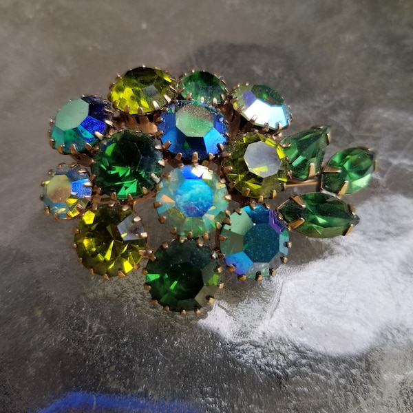 Vintage Karu Brooch, Pin Green, Citrine & Blue AB Rhinestones