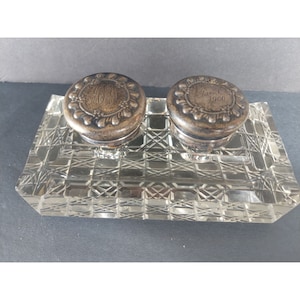 Antique Cut Crystal & Silverplate Inkwell