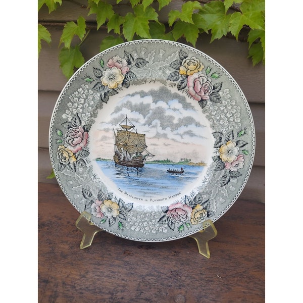 Old English Staffordshire Ware 10" Mayflower in Plymouth Harbor Multicolor Plate