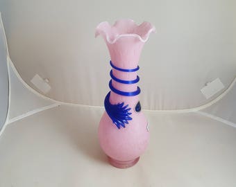 Jarrón de Murano rosa Lavorazione aplicado remolinos azules