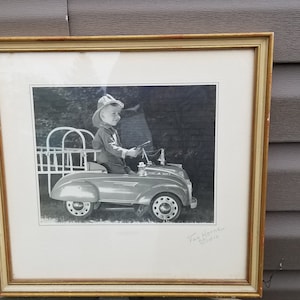 Vintage Framed Photo Boy on Riding Fire Truck
