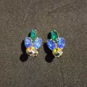 Vintage Watermelon Stone, Green & Blue Rhinestone Clip Earrings