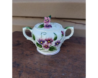 Vintage Lefton Sweet Violets Handled Sugar Bowl w/ Lid 2643
