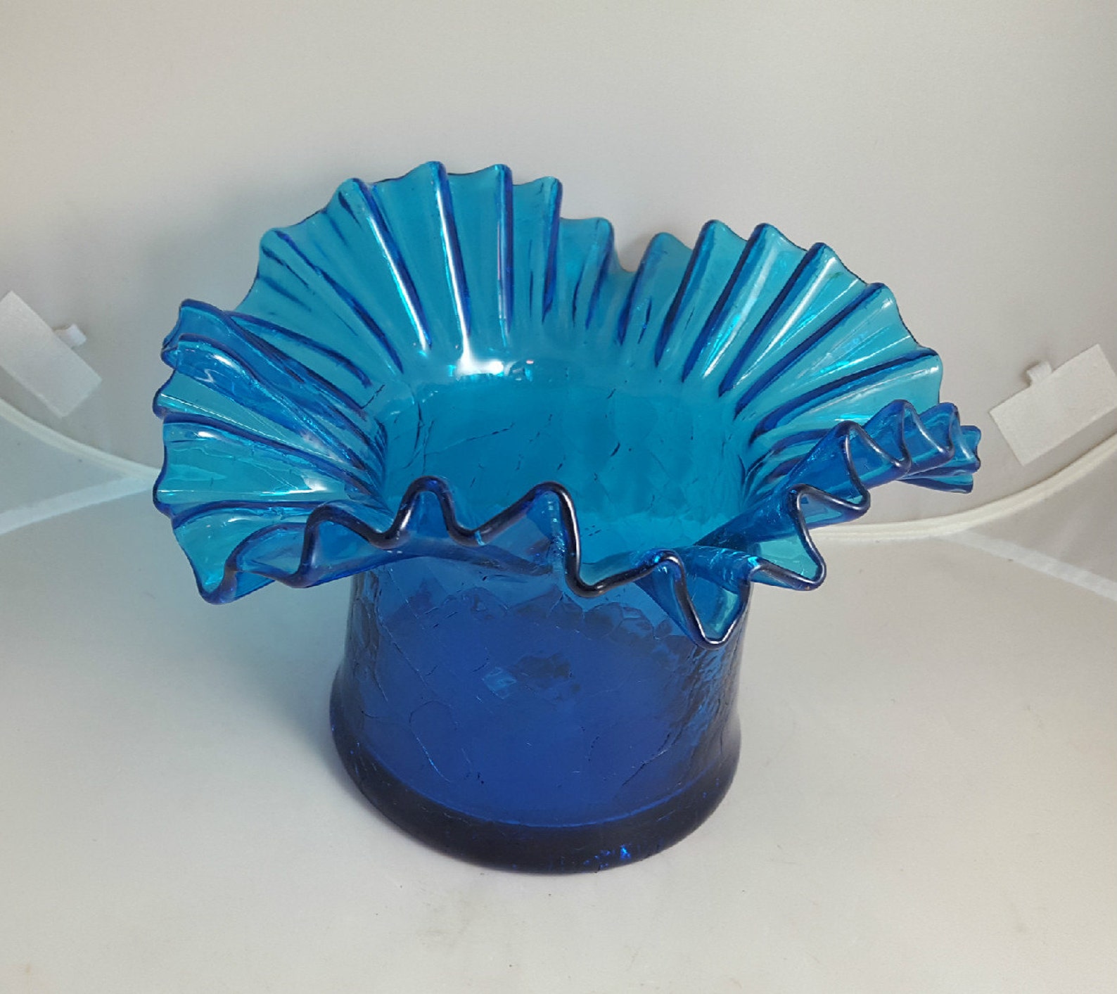 Vintage 60s Ruffled Top Blenko Blue Crackle Glass Vase Etsy