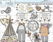 Cat Clipart, Cat Graphic, Tribal Clipart, COMMERCIAL USE, Cats, Woodland Clipart, Cat Party, Handrawn, Hand Drawn, Sketch, Love, Teepee