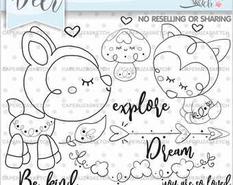 Woodland Stamps Deer Coloring Page COMMERCIAL USE Forest Animals Creatures Fungus Mushroom