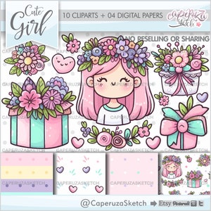 Meisje clipart, bloemen meisje clipart, bloemen clipart, lente clipart, Moederdag clipart, vrouwendag clipart, schattig meisje, moeder, lente PNG