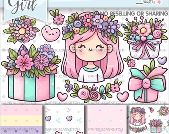 Girl Clipart, Floral Girl Clipart, Flowers Clipart, Spring Clipart, Mother's Day Clipart, Women's Day Clipart, Cute Girl, Mom, Spring PNG