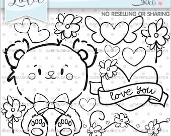 Bear Stamps, Love Bear Stamps, COMMERCIAL USE, Coloring Pages, Valentine's Day Stamps, Love Stamps, Bear Outlines, Stamps PNG, Heart Stamps