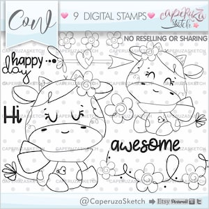 Cow Stamps, Cow Coloring Page, Cow Graphics, COMMERCIAL USE, Planner Stamps, Animal Stamps, Planner Accesories, Farm Stamps, Digistamp image 1