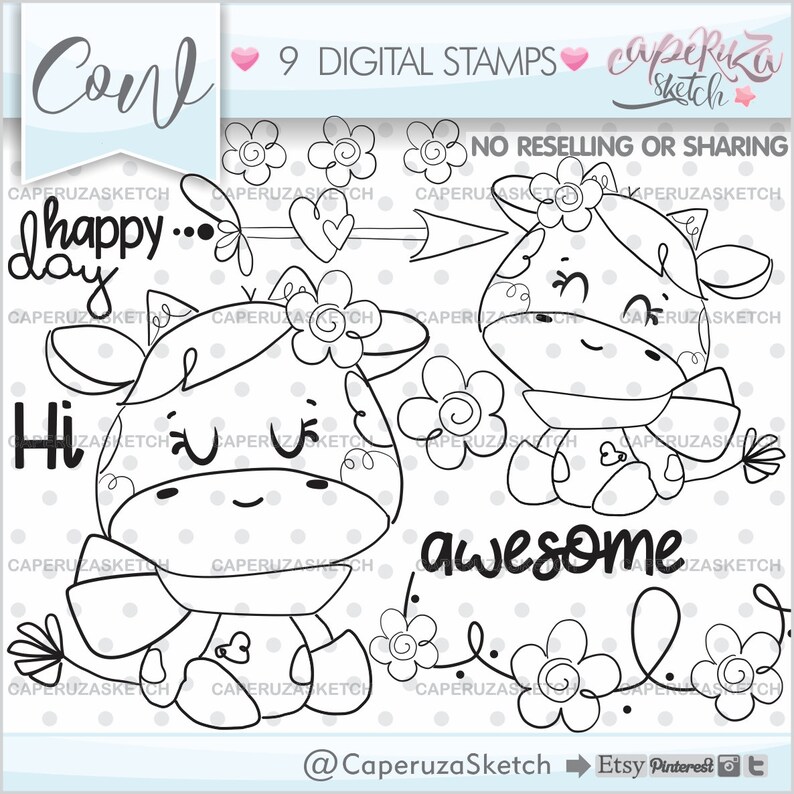 Cow Stamps, Cow Coloring Page, Cow Graphics, COMMERCIAL USE, Planner Stamps, Animal Stamps, Planner Accesories, Farm Stamps, Digistamp image 1