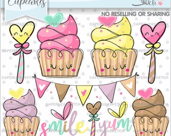 Cupcake Clipart, Cupcake Graphics, Sweet Clipart, COMMERCIAL USE, Smile, Yum, Party Clipart, Muffin Clipart, Kawaii Clipart, Cake Toppers