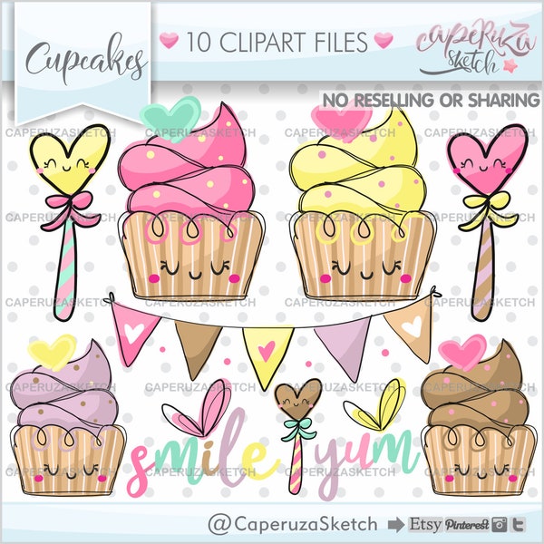 Cupcake Clipart, Cupcake Graphics, Sweet Clipart, COMMERCIAL USE, Smile, Yum, Party Clipart, Muffin Clipart, Kawaii Clipart, Cake Toppers