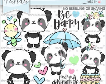 Panda Clipart, Panda Graphics, Panda Bear Clipart, COMMERCIAL USE, Panda Bear Graphics, Be Happy, Handrawn Clipart, Animal Clipart, Panda