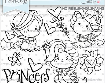 Princess Stamps, Princess Coloring Pages, COMMERCIAL USE, Princesses Stamps, Princess Clipart, Girl Stamps, Magic Clipart