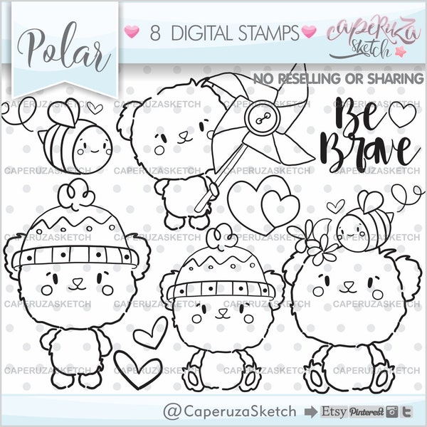 Polar Bear Stamps, Bear Stamps, Polar Bear Coloring Pages, COMMERCIAL USE, Bear Clipart, Bear Graphics, Digital Stamps, Animal Stamp, Winter