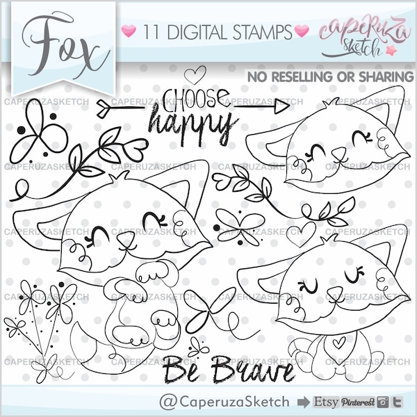 Fox Stamps, Animal Stamps, Fox Coloring Page, COMMERCIAL USE, Choose Happy, Be Brave, Woodland Stamps, Planner Stamps, Scrapbooking Fox