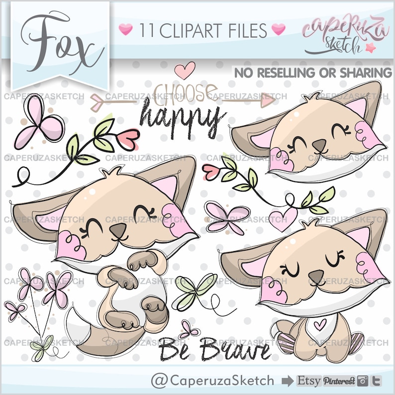 Animal Clipart Woodland Clipart Choose Happy Animal Graphics COMMERCIAL USE Fox Graphics Be Brave Hand Drawn Clipart Fox Clipart