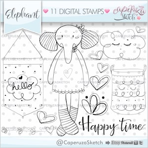 Sellos de elefante, sellos de elefante bebé, sellos de ducha de bebé, uso comercial, sello digital, sello digi, página para colorear, tiempo feliz, sello de animal
