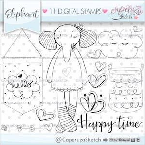 Elephant Stamps, Baby Elephant Stamps, Baby Shower Stamps, COMMERCIAL USE, Digital Stamp, Digistamp, Coloring Page, Happy Time, Animal Stamp image 1