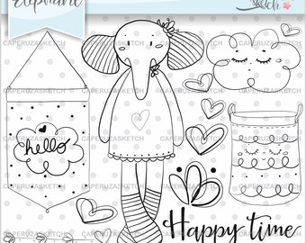 Elephant Stamps, Baby Elephant Stamps, Baby Shower Stamps, COMMERCIAL USE, Digital Stamp, Digistamp, Coloring Page, Happy Time, Animal Stamp