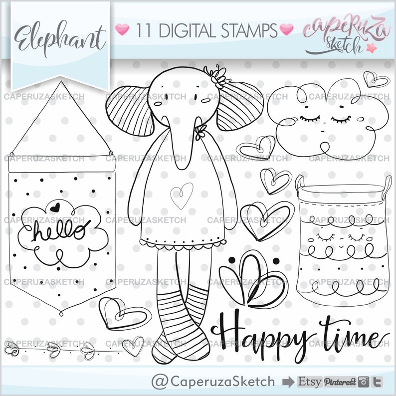 Elephant Stamps, Baby Elephant Stamps, Baby Shower Stamps, COMMERCIAL USE, Digital Stamp, Digistamp, Coloring Page, Happy Time, Animal Stamp image 1