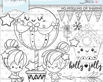 Timbres de Noël, Noël Coloriage Page, Kawaii timbres, utilisation commerciale, planificateur timbres, timbres fille, accessoires planificateur, fille de Noël