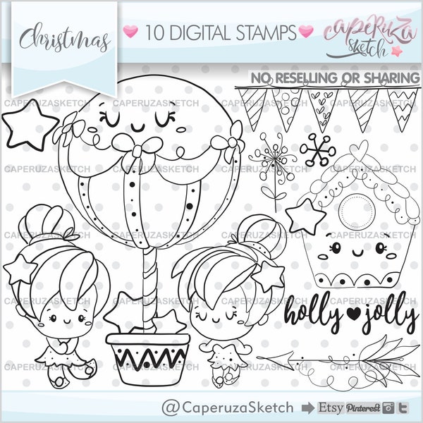 Christmas Stamps, Christmas Coloring Page, Kawaii Stamps, COMMERCIAL USE, Planner Stamps, Girl Stamps, Planner Accesories, Christmas Girl