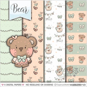 Bear Digital Paper, Bear Pattern, Animal Pattern, COMEMRCIAL USE, Bear Texture, Animal Digital Paper, Bear Gift Wrap, Printable Paper, Teddy image 1