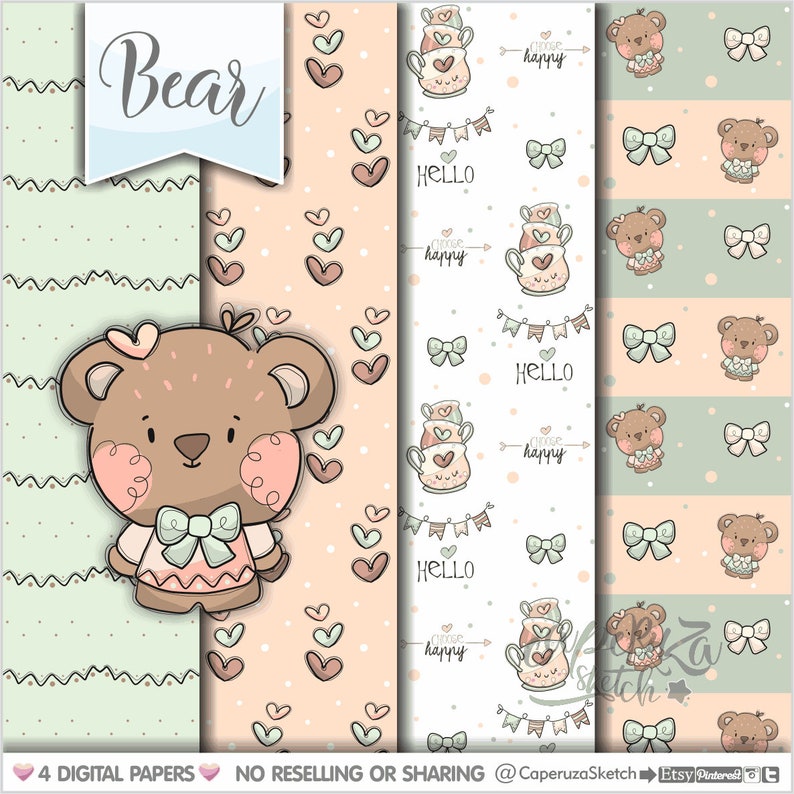 Bear Digital Paper, Bear Pattern, Animal Pattern, COMEMRCIAL USE, Bear Texture, Animal Digital Paper, Bear Gift Wrap, Printable Paper, Teddy image 1