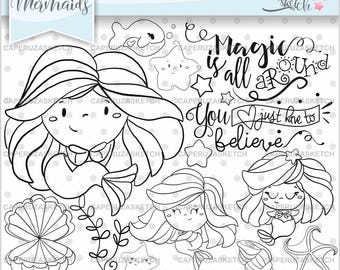 Mermaid Stamps, Princess Stamps, Digital Stamp, Digistamp, COMMERCIAL USE, Coloring Page, Sea Stamps, Ocean Stamps