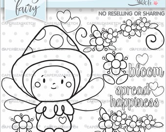 Fairy Stamps, Spring Stamps, Fairy Tale Stamps, COMMERCIAL USE, Spring Fairy Stamps, Princess Stamp, Digital Stamp, Digistamp, Coloring Page