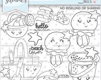 Summer Stamps, Octopus Stamps, COMMERCIAL USE Stamps, Hello Summer, Beach Lover, Beach Stamps, Summer Coloring Page, Beach Coloring Page