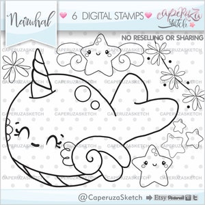 Narwhal Digital Stamps, Unicorn Digital Stamps, Narwhal Coloring Pages, COMMERCIAL USE, Narwhal Clipart, Ocean Stamps, Whale Stamps, Stamps