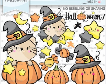 Halloween Clipart, Pumpkin Clipart, COMMERCIAL USE, Witch Clipart, Halloween Cat Clipart, Cat Clipart, Halloween Clip Art, Witch Clip Art