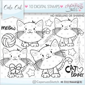 Cat Stamps, Cat Digital Stamps, COMMERCIAL USE, Cat Coloring Pages, Kitten Stamps, Pet Stamps, Cute Cat, Cat Outlines, Cat PNG, Cat Clipart